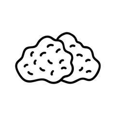 Two pieces of popcorn chicken with dark spots in a simple outline drawing on white background shown here