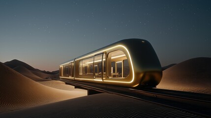 Naklejka premium A futuristic illuminated train travels through a desert landscape at night