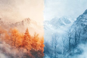 Fototapeta premium Dramatic seasonal transition landscape showcasing autumn foliage on one side and winter snow-capped mountains on the other