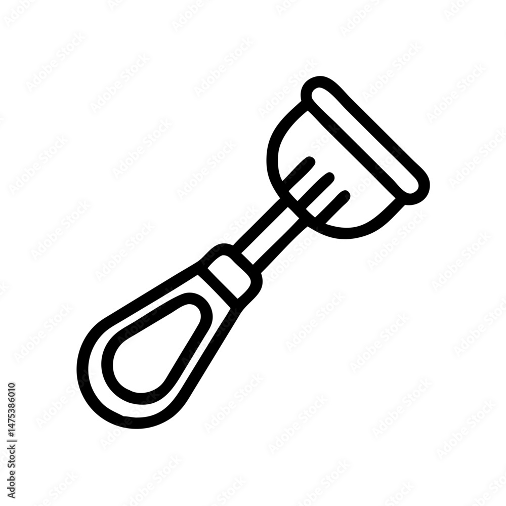 Poster isolated outline graphic showing an eyelash curler with a handle and curved metal clamp design tool 