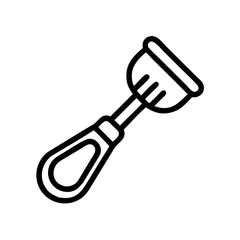 Isolated outline graphic showing an eyelash curler with a handle and curved metal clamp design tool is seen