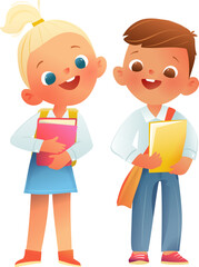Schoolchildren Boy and Girl Back to School Education Character Cartoon. Girl and Boy teenager students go to study and learn with books and schoolbags. Vector kids educational cartoon clip art.