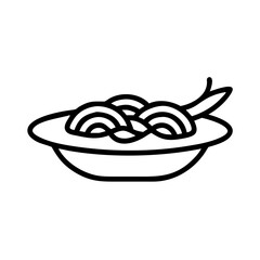 A simple graphic showing a bowl filled with noodles and a single shrimp on top, line art style
