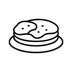 A stack of pancakes with topping on a plate in a simple black and white graphic representation