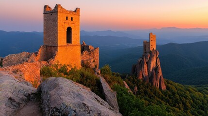 Ancient stone castle ruins overlooking a mountain range at dusk