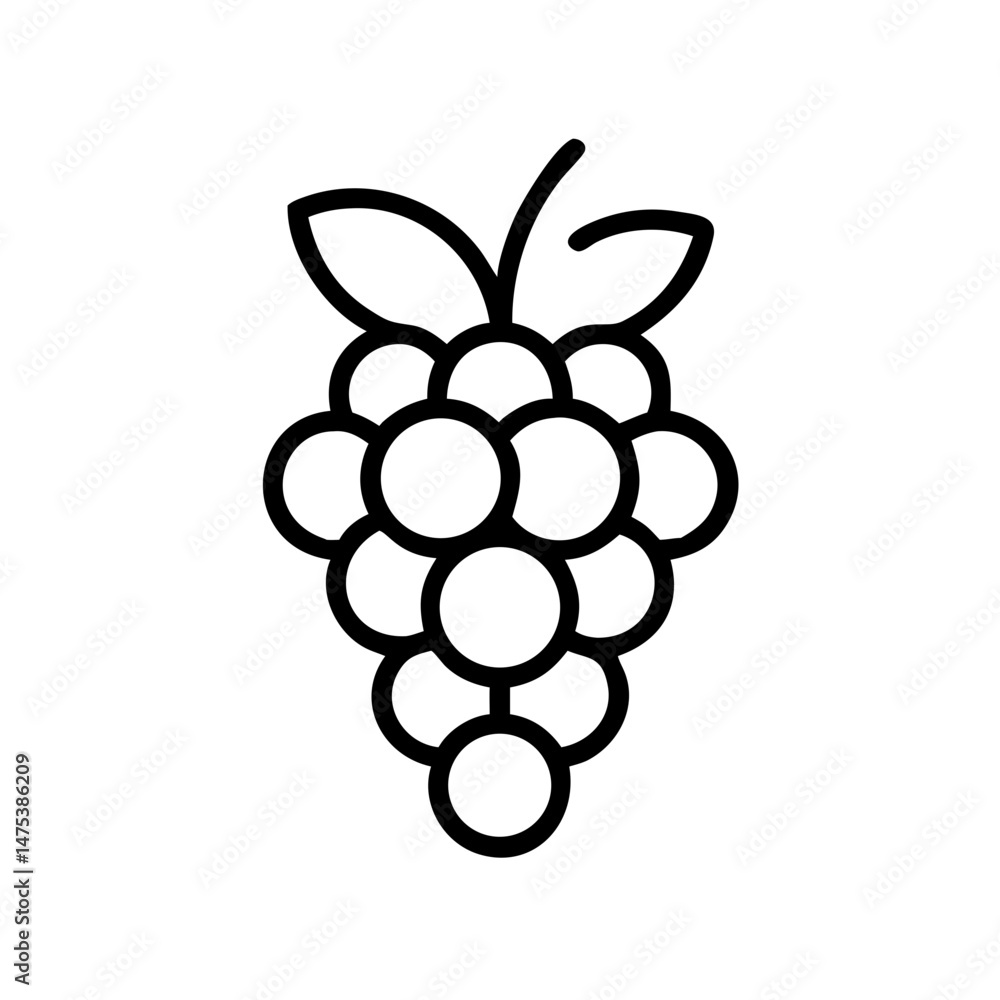 Poster outline drawing of a bunch of grapes with leaves at the top in black and white color scheme design