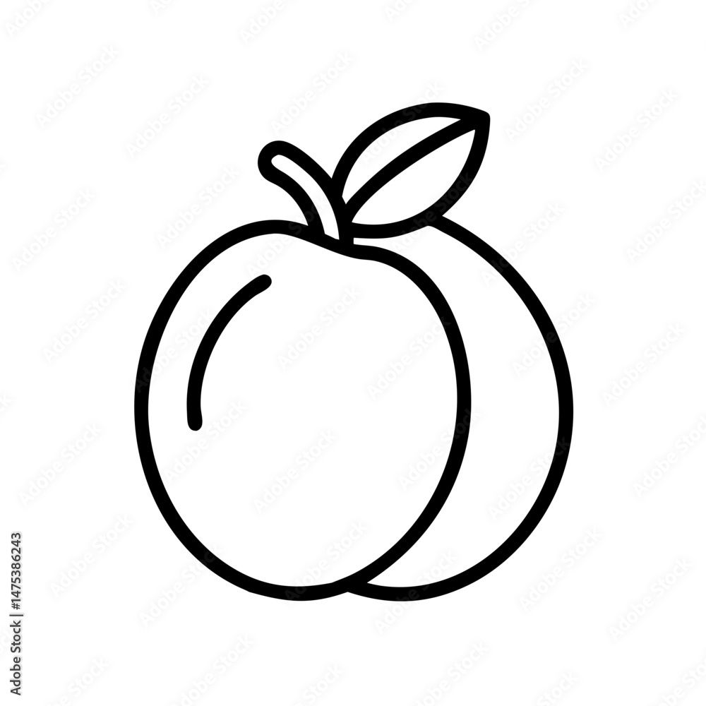 Poster outline drawing of a peach with a leaf attached to the stem shown in a simple graphic style art