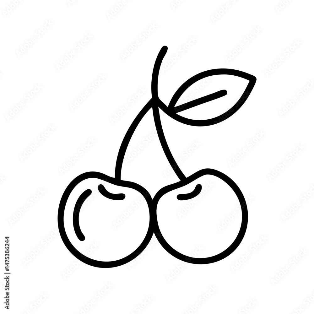 Poster outline drawing of two connected cherries with a leaf on a white background design element