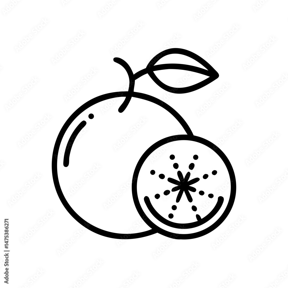 Poster outline drawing of a whole citrus fruit with a leaf next to a citrus slice with seeds inside it