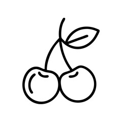 Outline drawing of two connected cherries with a leaf on a white background design element