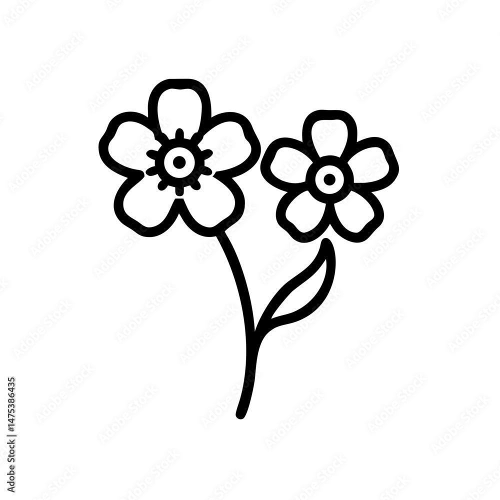 Aufkleber outline drawing shows two blossoms on a single stem with a leaf in a simple botanical style design