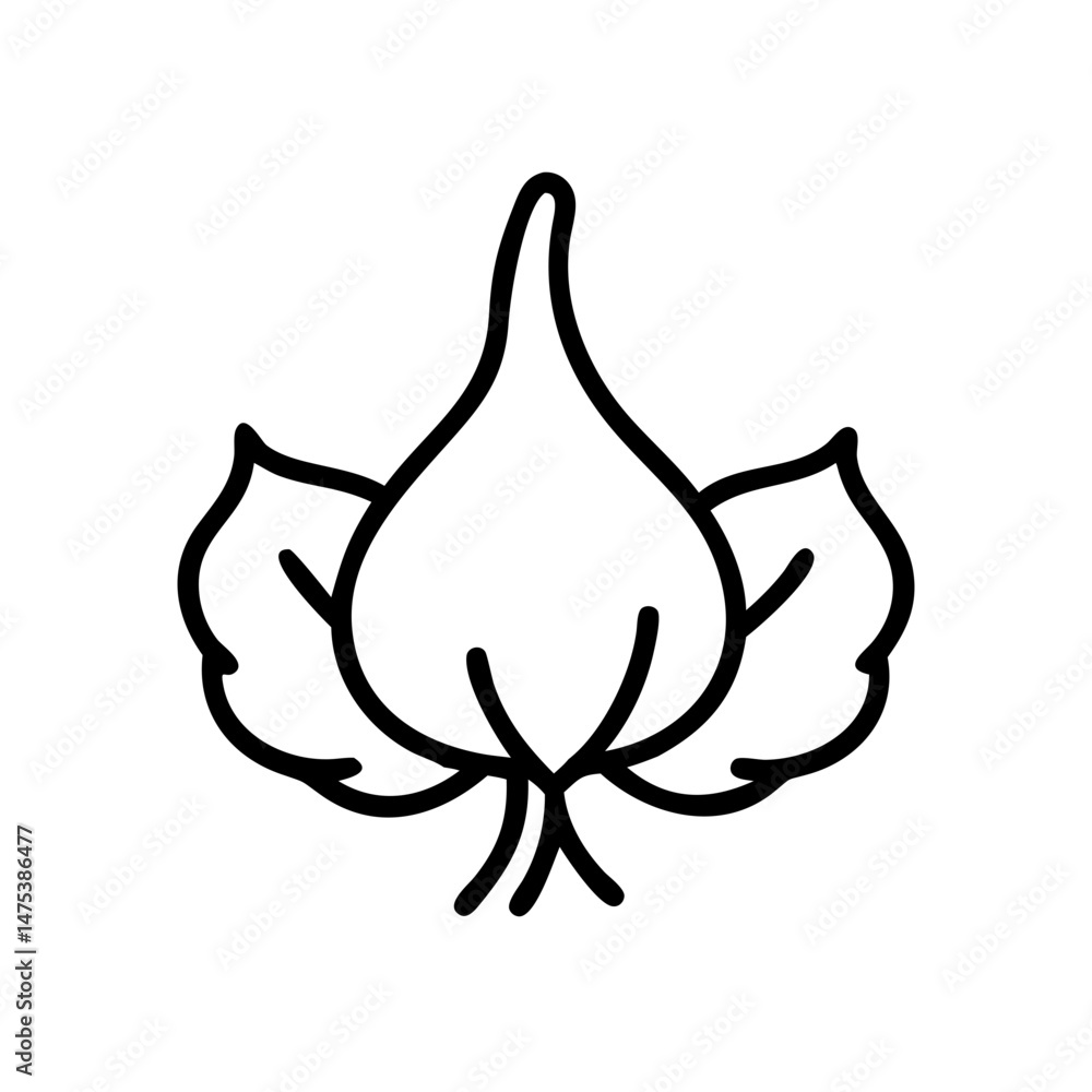 Poster outline drawing of a garlic bulb with two leaves sprouting from its base shown in simple style