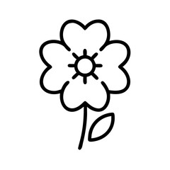 Simple outline drawing of a flower with four heart shaped petals and a leaf, in black and white design
