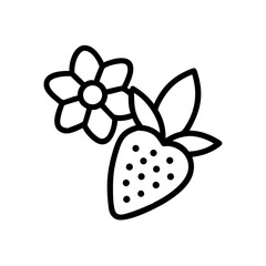 Outline drawing of a blossom next to a berry with leaves in a simple and cute design style