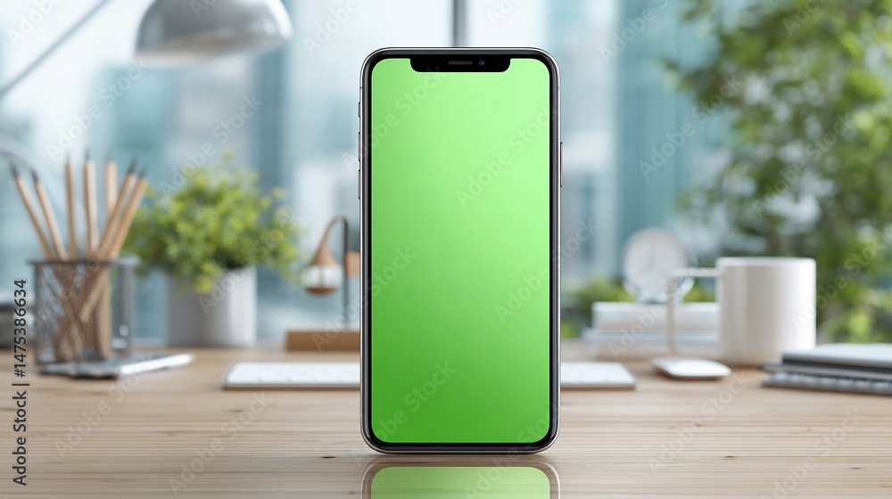 Poster smartphone with green screen display on a workspace desk mockup design