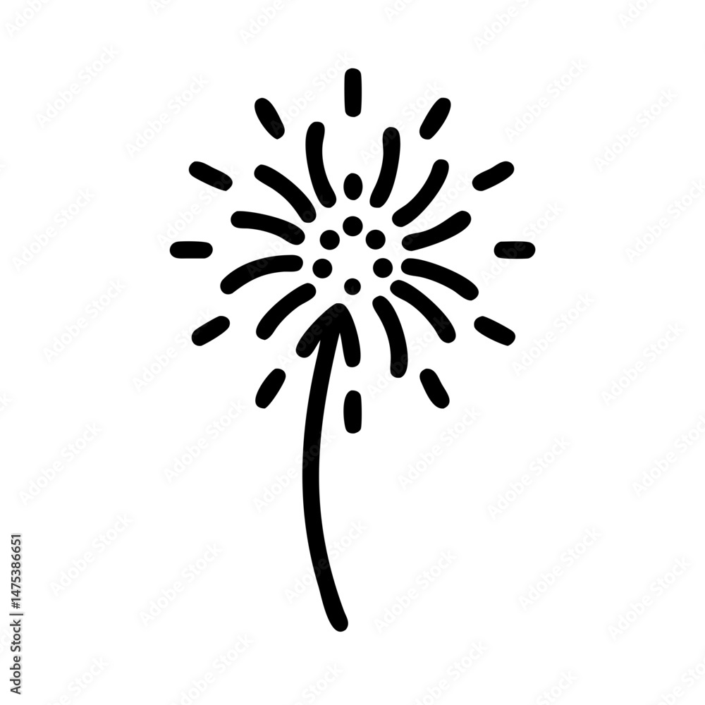 Poster a stylized dandelion seed head with a curved stem and seeds blowing in the wind design element