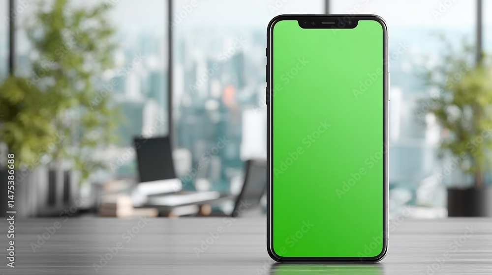 Poster modern workspace featuring a phone with green screen for application development