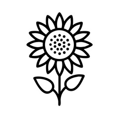 Single sunflower with petals and leaves in a simple outline style drawing for botanical art use