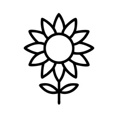 Simple outline drawing of a blooming sunflower with petals and leaves on a stem in black and white style