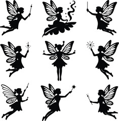 Fairy Silhouette Set | Magical Fantasy Vector Collection Fairy Silhouettes Pack | Enchanted Wings, Fantasy Creatures, Magic Art
