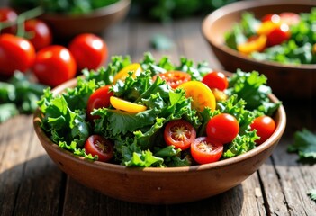 Fresh vegetable salad with cherry tomatoes and leafy greens in a wooden bowl