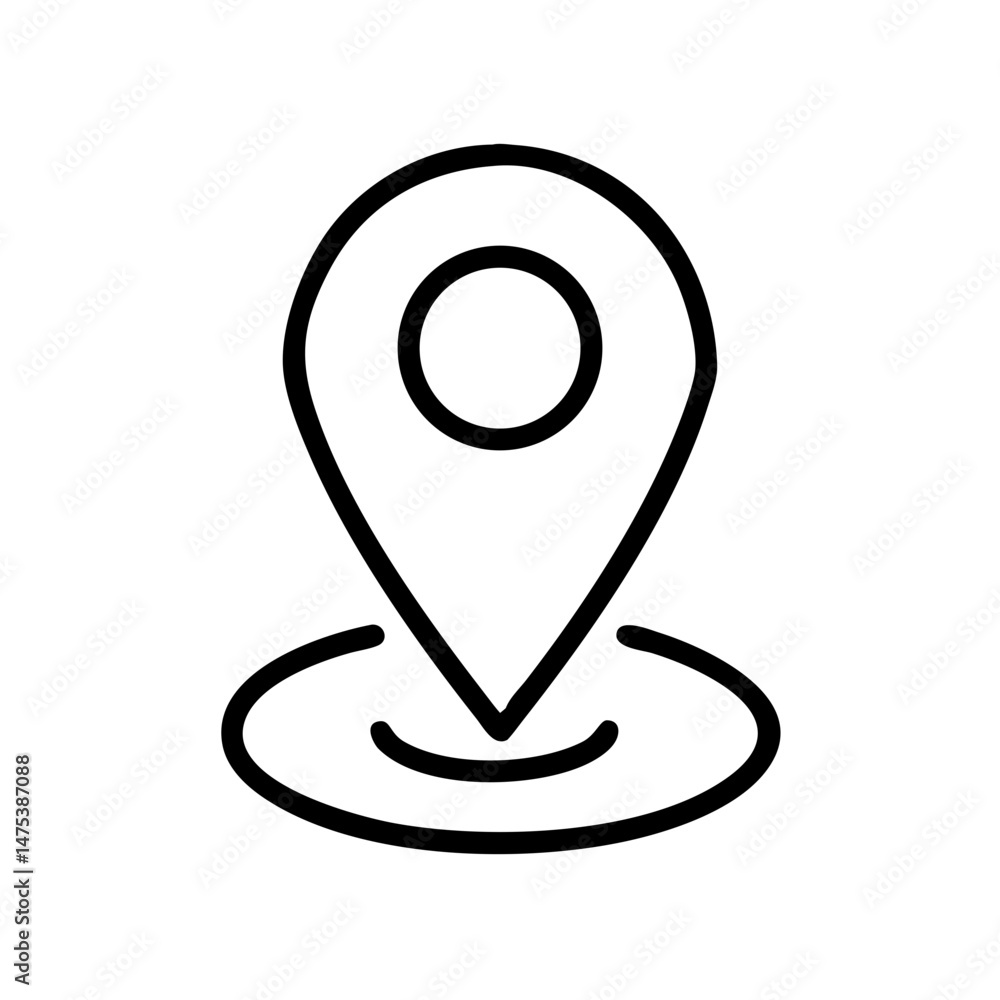 Poster simple black outline of a location marker with a circle inside and a base, on a plain white backgrou