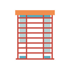 Geometric building illustration with orange and blue accents