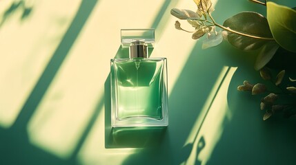 Elegant green perfume bottle sunlight shadows green leaves zen life mood glass spray fresh plant