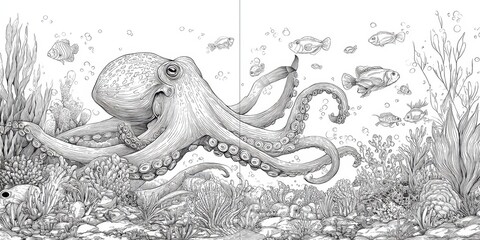 Detailed black and white illustration of an octopus in an underwater scene.