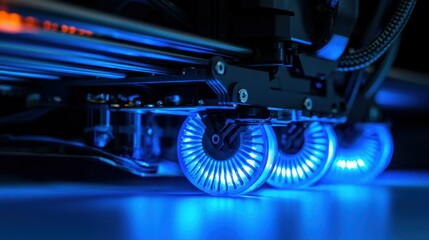 Fototapeta premium Illuminated blue wheels are part of a complex technical system