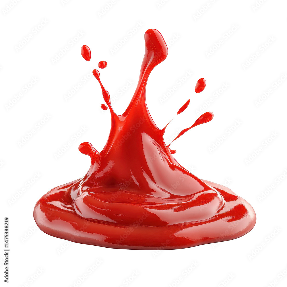 Poster dynamic ketchup splash creates eye catching red patterns on a clean white surface, ketchup splash on
