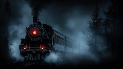 An old steam train is traveling through a dark foggy forest
