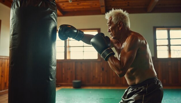 Elderly Asian man practicing boxing, focused and determined, training with a punching bag in a wooden gym background, concept of fitness or sports training