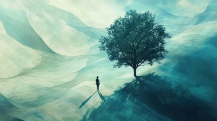 A conceptual artwork of a person standing still on a smooth paper sheet, their shadow morphing into a tree, soft gradients and surreal details 