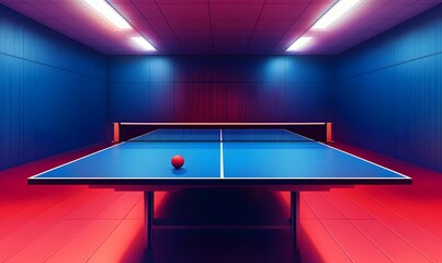 Table Tennis Court with Blue Ping Pong Table Under Spotlight, Generative AI