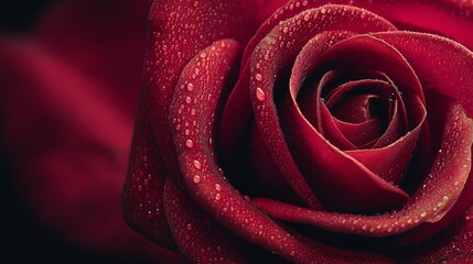 Scarlet Bloom's Embrace: A close-up, emotive image of a crimson rose in full bloom, exquisitely capturing the textures of its delicate petals, adorned with glistening water droplets.