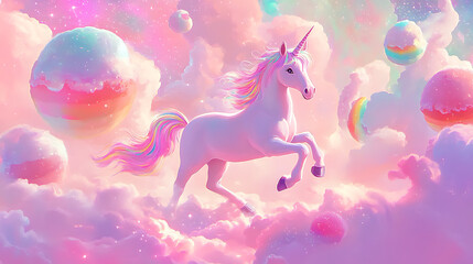 Fototapeta premium A majestic unicorn gallops through a dreamscape of cotton candy clouds and floating orb-like planets.