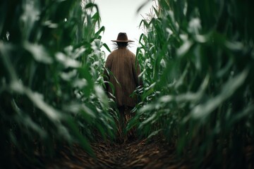 Spooky Scarecrow Figure Standing Guard in Rural Cornfield, Agricultural Harvest Season, Autumn Rural Scene