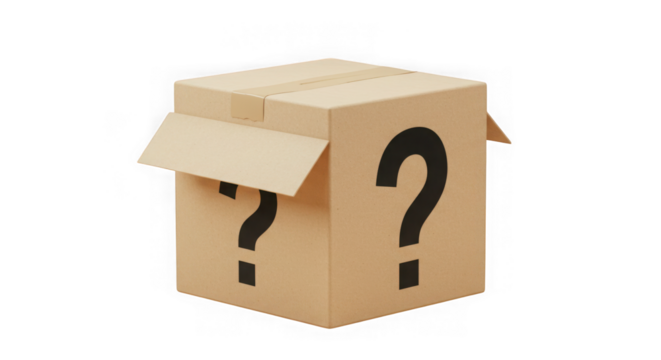Mystery box with question marks isolated on transparent background