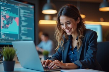 Revolutionary Image of a Joyful Female App Developer Coding on Laptop in Stylish Office, Embodying Innovation and Creativity