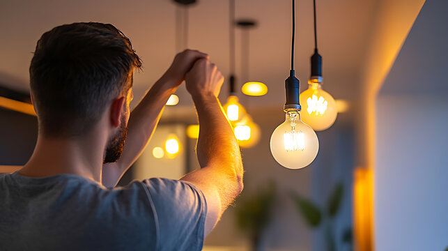 Man Adjusting Hanging Light Bulbs in a Modern Home
