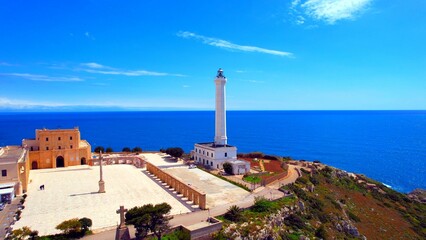 Santa Maria di Leuca - Italy, Apulia - Aerial view Cape Lighthouse with blue sea