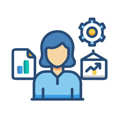 Business analytics woman with gears, charts, and documents
