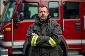 Fototapeta premium Photo Concept: A firefighter exuding strength and courage, proudly standing in front of a fire engine in uniform.