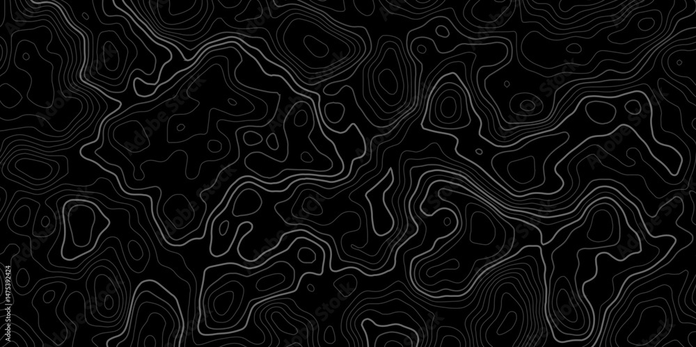 Poster topographic seamless abstract topographic map pattern design with gray contour lines on a black back