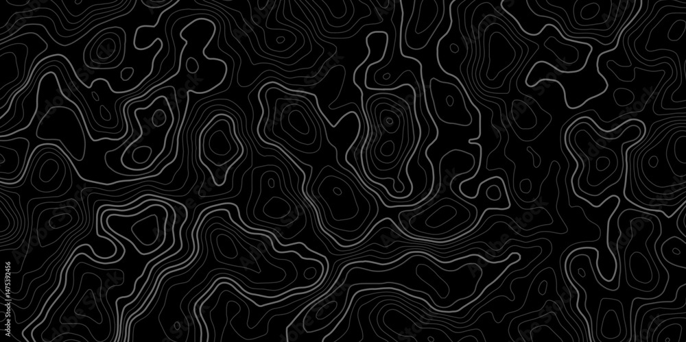 Poster topographic seamless abstract topographic map pattern design with gray contour lines on a black back