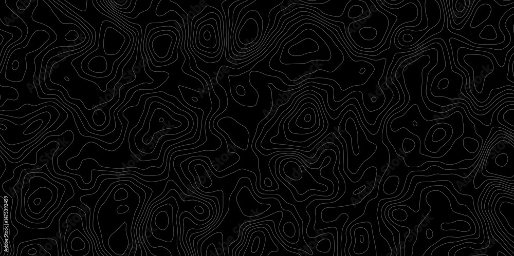 Poster topographic seamless abstract topographic map pattern design with gray contour lines on a black back