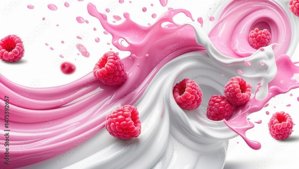 Aufkleber fresh raspberries splashing in pink and white creamy liquid, creating a dynamic and vibrant composit