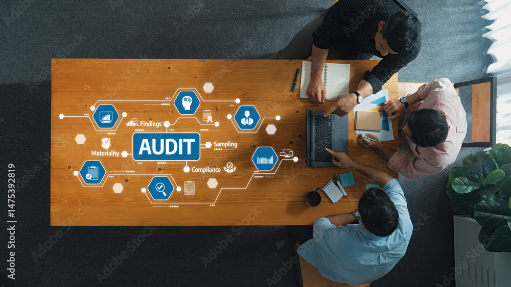 Poster a top view of business professionals engaged in an audit process, highlighting key concepts such as 