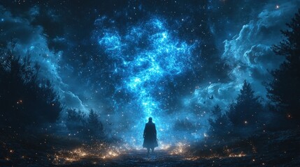 A solitary figure stands amidst a mystical forest at night, bathed in ethereal blue light